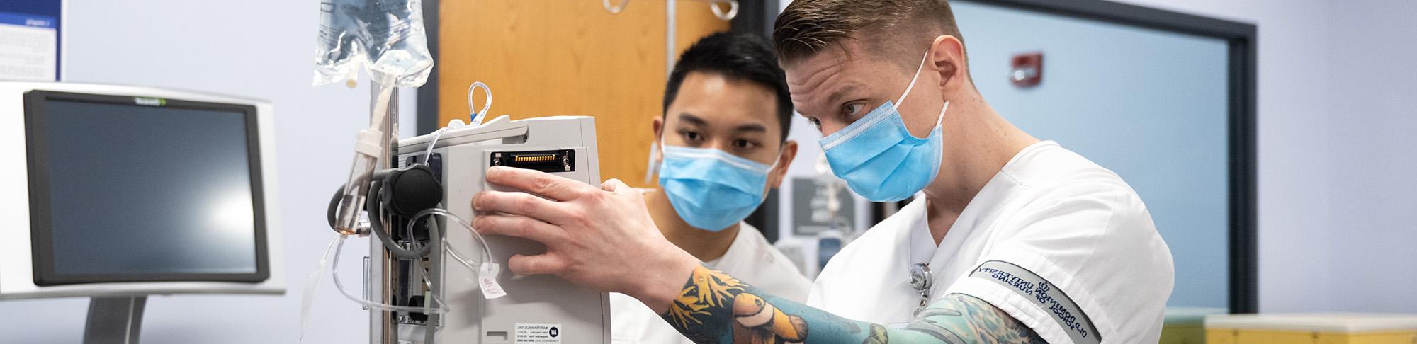 Nurses examine a medication equipment